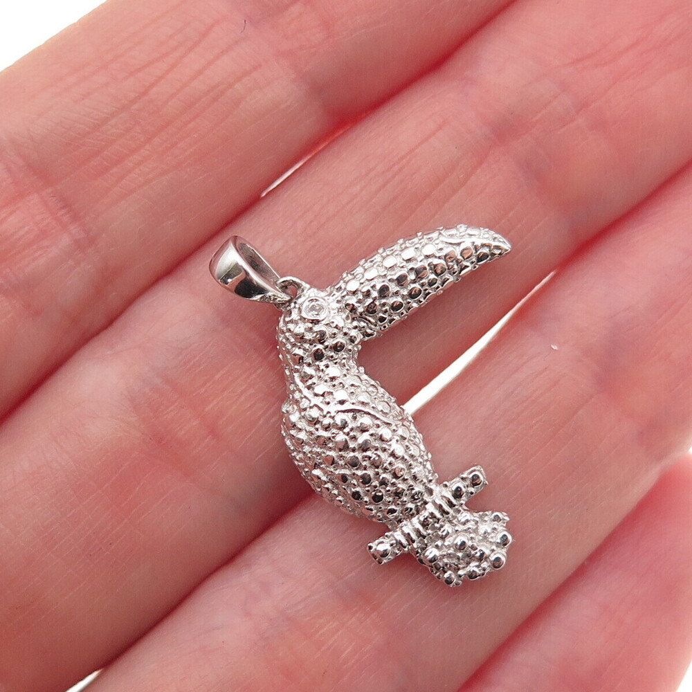 925 Sterling Silver Real Round-Cut Diamond Toucan Bird Charm Pendant